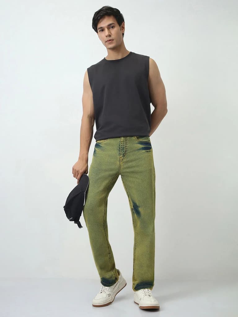 Men's Ice Blue Straight Fit Heavy Washed Jeans Stretchable — photo 4
