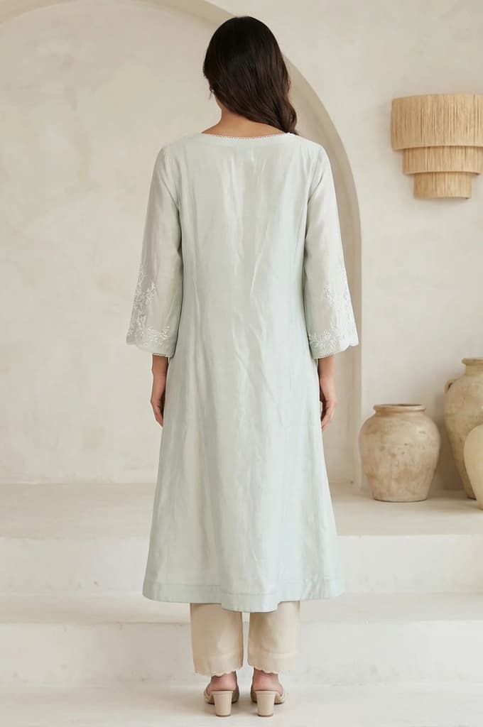 Sea Green Embroidered Pearl Work Cotton Blend A-line Kurta — photo 4