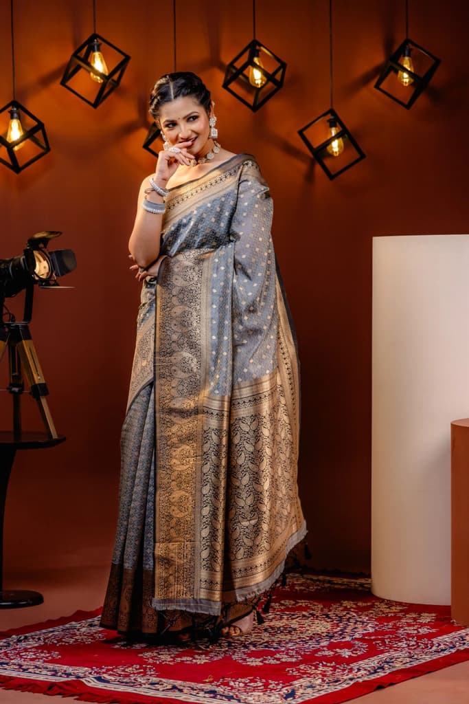 Mimosa Women's Woven Design Kanjivaram Style Art Silk Saree With Blouse Piece : SA00001612GYFREE — Grey