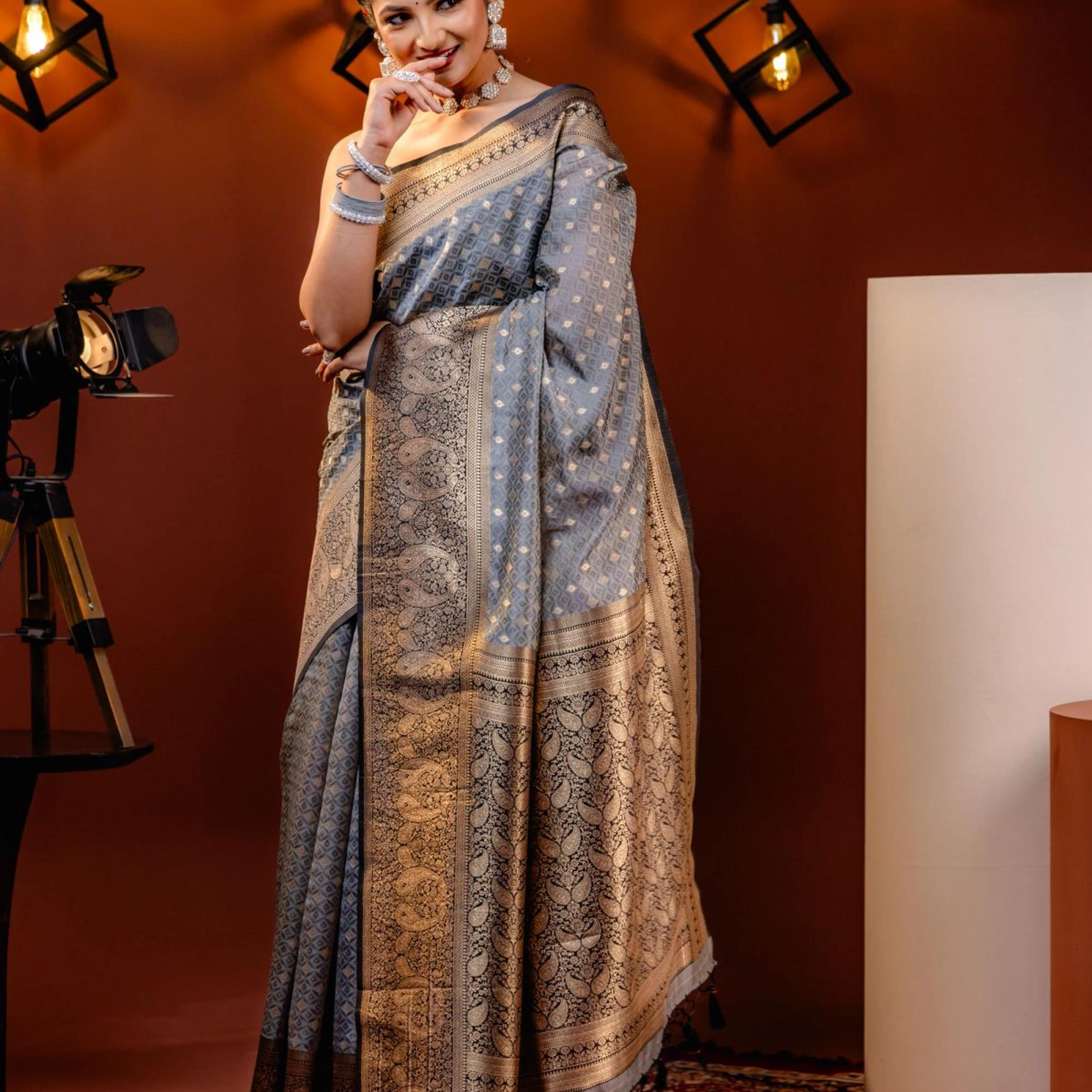 Mimosa Women's Woven Design Kanjivaram Style Art Silk Saree With Blouse Piece : SA00001612GYFREE