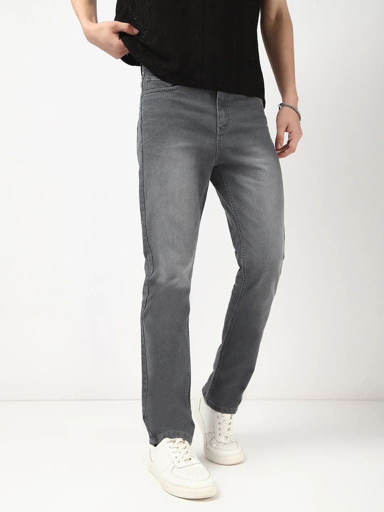Men's Grey Straight Fit Washed Jeans Stretchable — photo 2