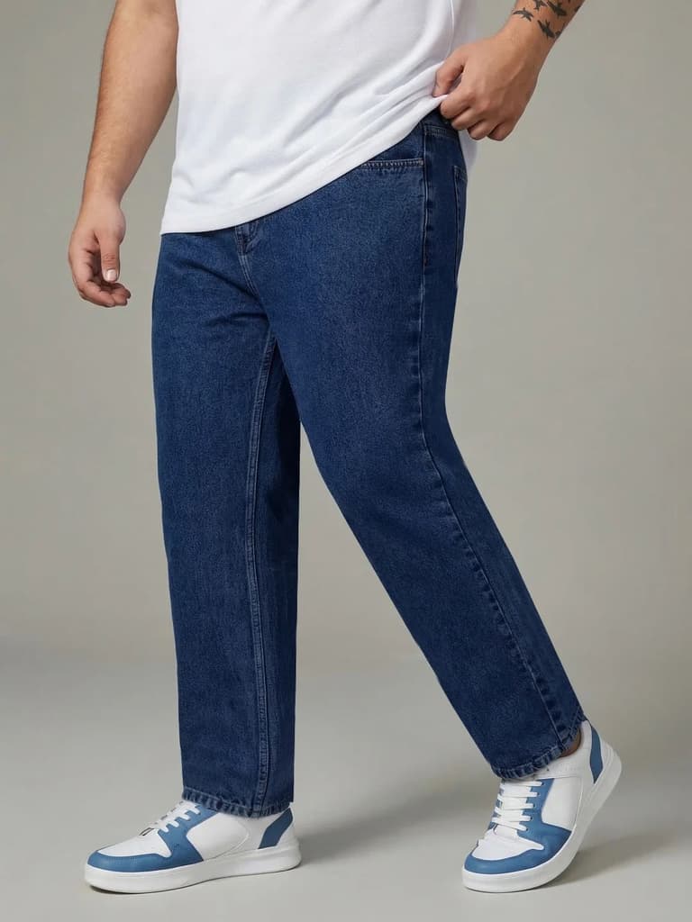 Plus Men's Dark Blue Relaxed Fit Washed Denim Jeans Non-Stretchable — photo 2