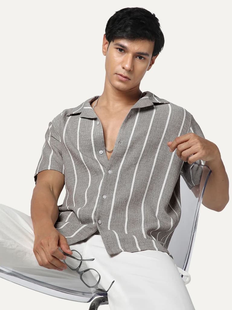 Men's Grey Cotton Half Sleeve Relaxed Fit Linen Striped Shirt with Cuban Collar — photo 2