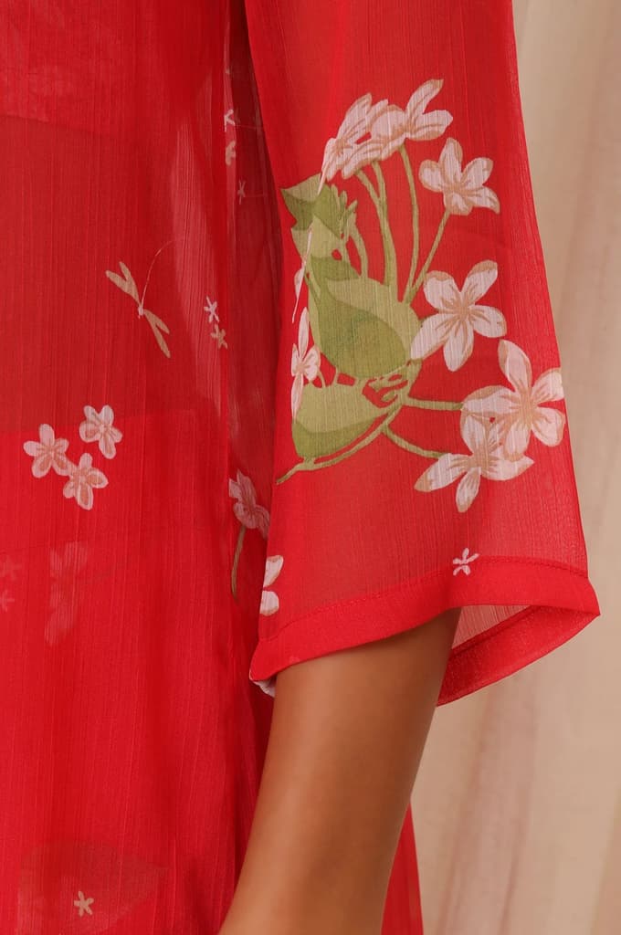 Red Floral Printed Chiffon Jacket, Crop Top and Culottes Set — photo 7