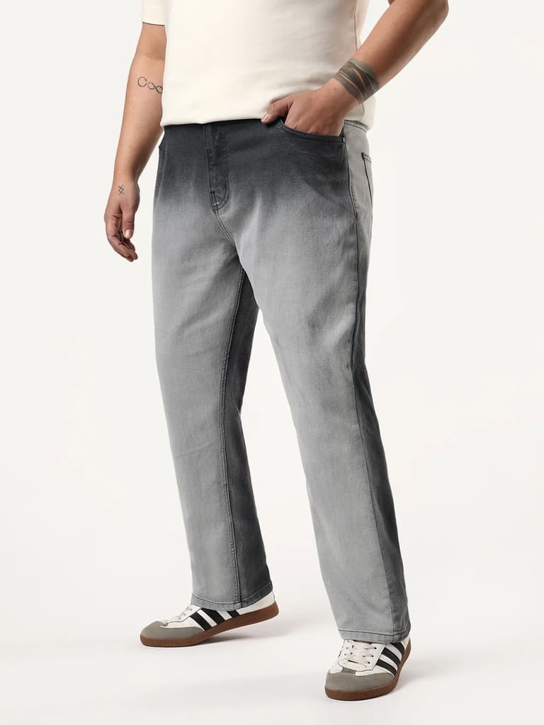 Plus Men's Dark Grey Straight Fit Heavy Washed Faded Denim Jeans Stretchable — photo 3