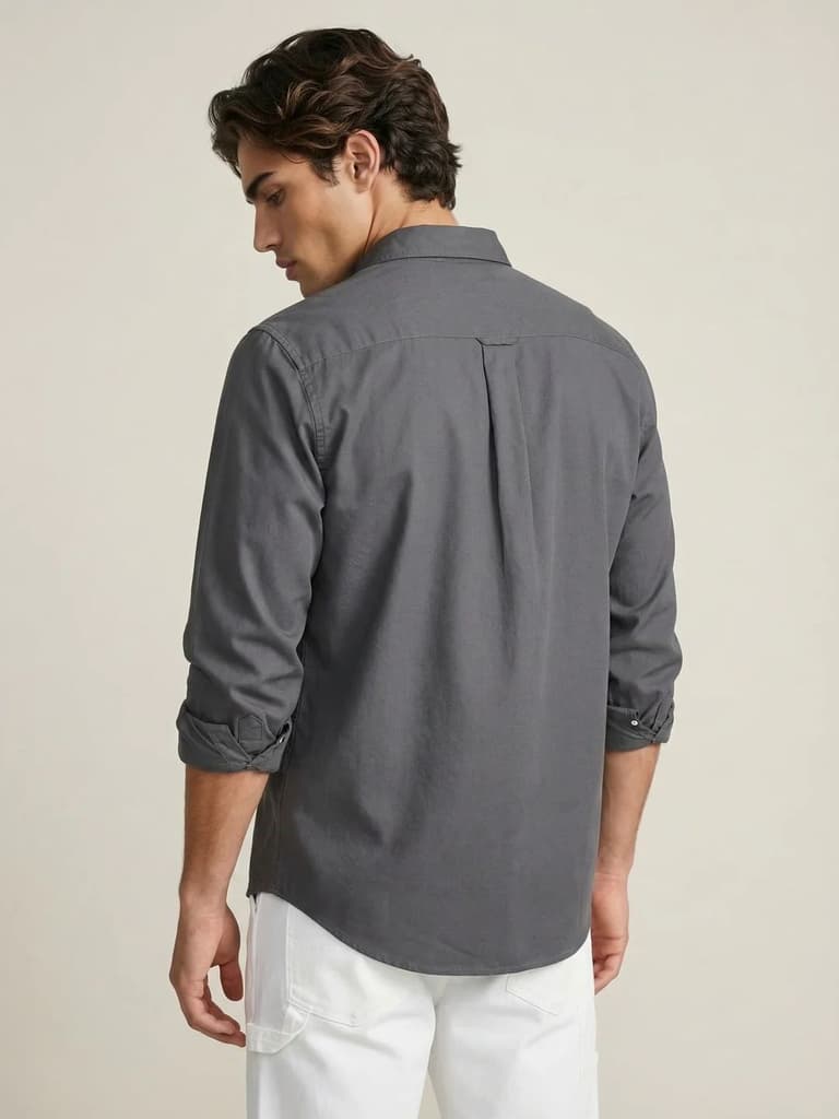 Men's Grey Cotton Full Sleeve Regular Fit Solid Oxford Shirt With Button-Down Collar — photo 3