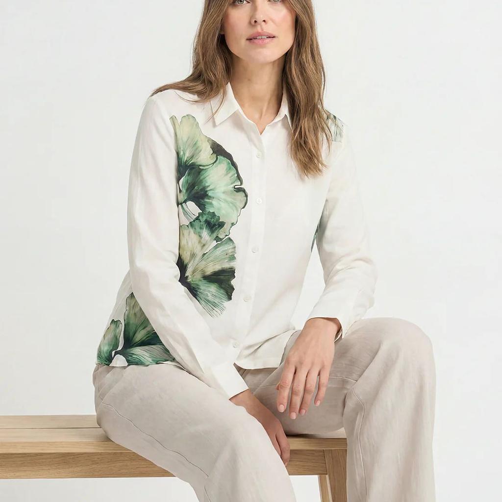 Shirts for Women in White | Cotton Linen Floral Full Sleeve Shirt