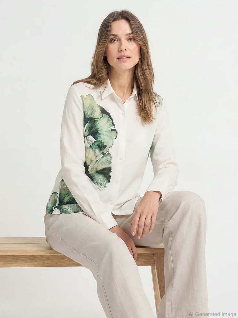 Shirts for Women in White | Cotton Linen Floral Full Sleeve Shirt — XS / White