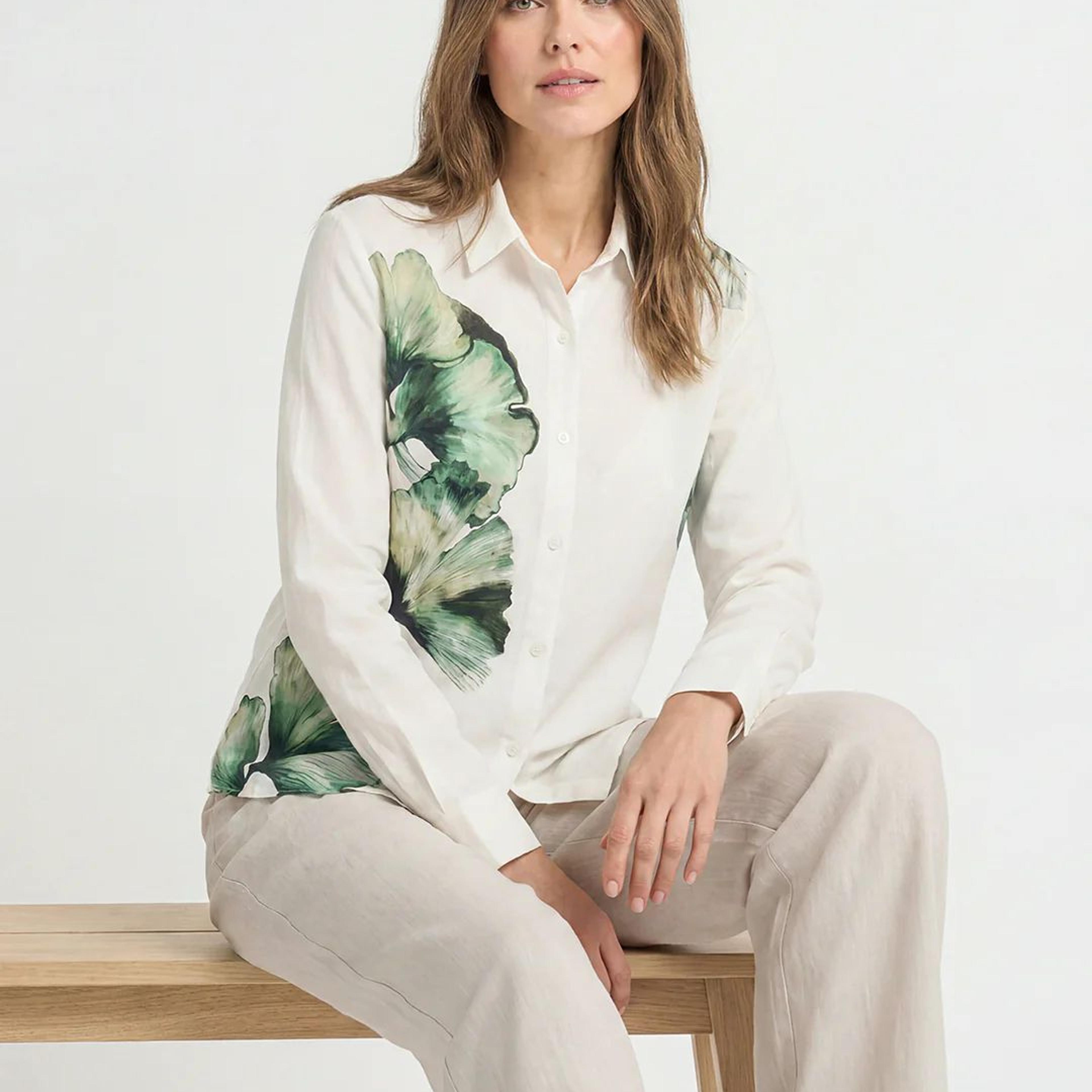 Shirts for Women in White | Cotton Linen Floral Full Sleeve Shirt