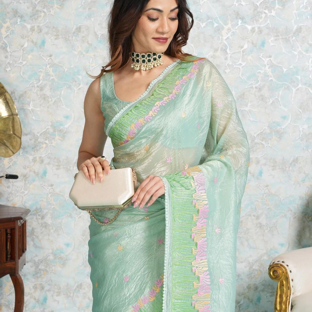 Mimosa Women's Woven Design Banarasi Style Tissue Crush Saree With Blouse Piece : SA00001888RMFREE