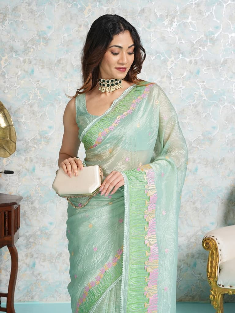 Mimosa Women's Woven Design Banarasi Style Tissue Crush Saree With Blouse Piece : SA00001888RMFREE — Rama