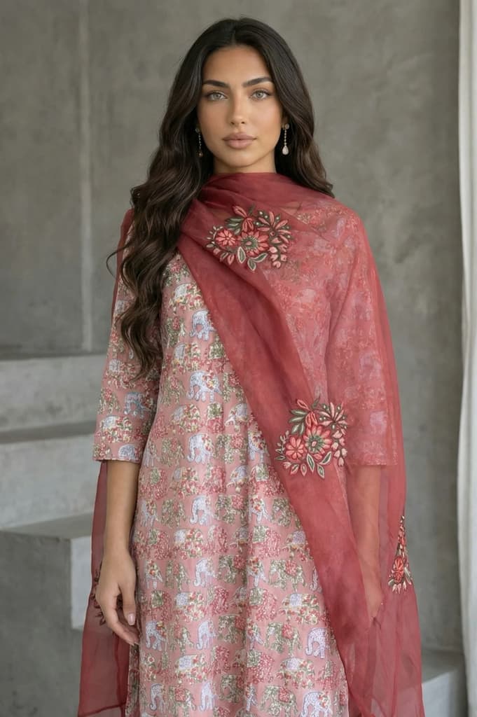 Maroon Floral Embroidered Organza Dupatta — photo 2