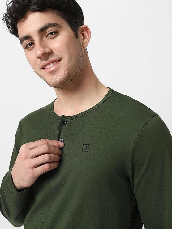 Men's Olive Green Solid Henley Neck Slim Fit Cotton T-Shirt — photo 5