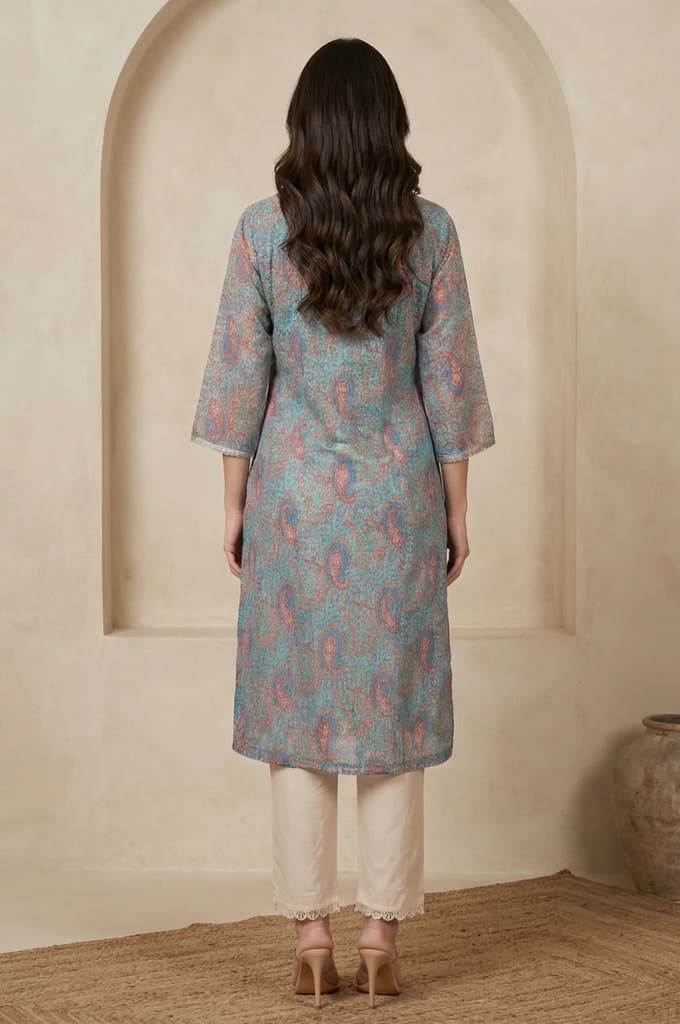 Turquoise Blue Ethnic Motifs Lace Kota Straight Kurta — photo 5