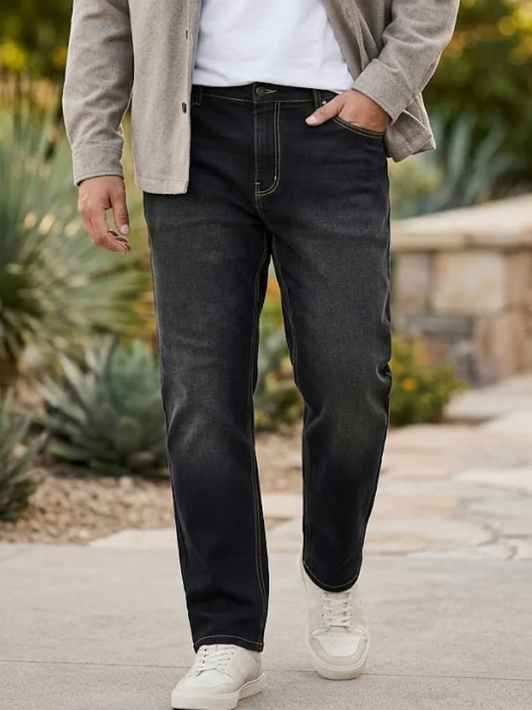 Plus Men's Black Regular Fit Washed Jeans Stretchable — 36 / Black