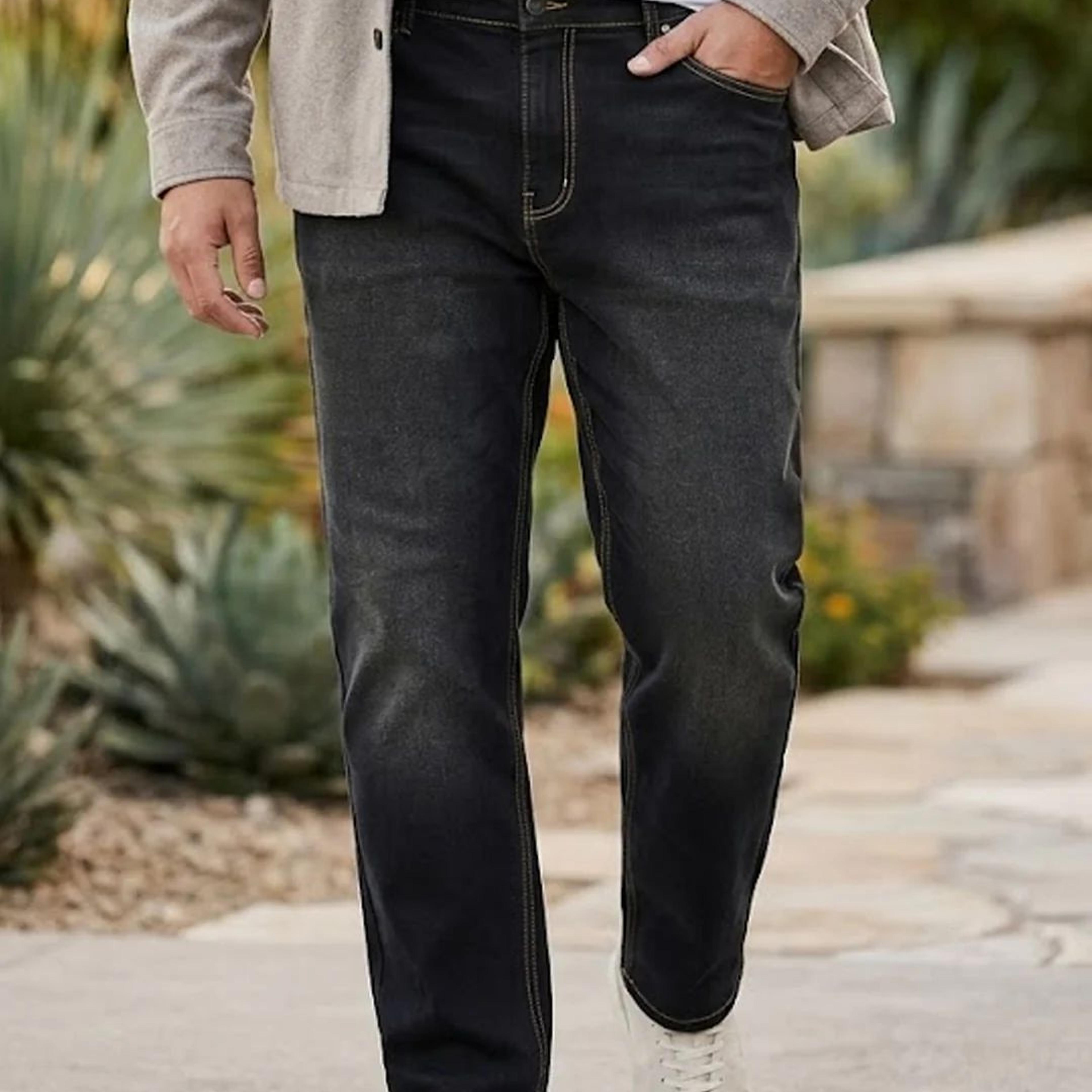Plus Men's Black Regular Fit Washed Jeans Stretchable