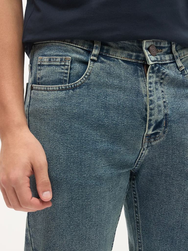 Men's Ice Blue Regular Fit Towel Washed Yellow Tint Denim Jeans Stretchable — photo 6