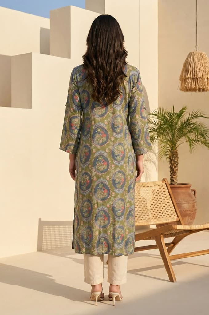 Green Floral Printed Modal Straight Kurta — photo 3