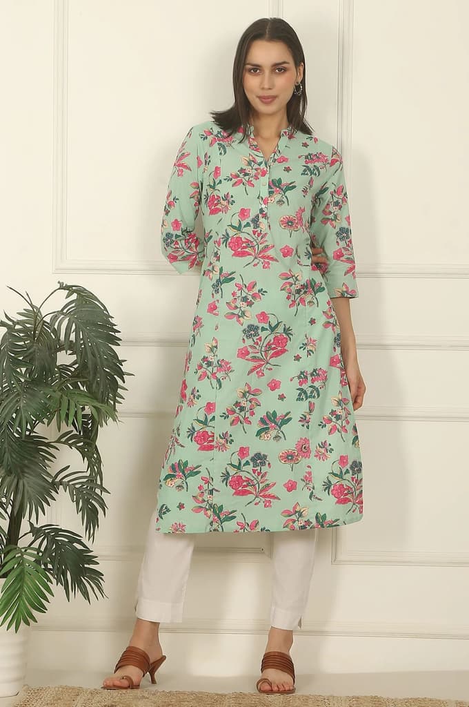 Mint Green Floral Printed Cotton Straight Kurta — photo 2