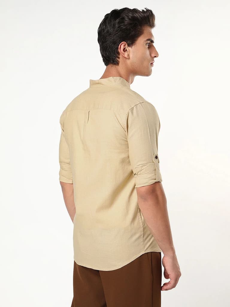 Men's Beige Linen Blend Full Sleeve Relaxed Fit Mandarin Collar Casual Solid Shirt — photo 4