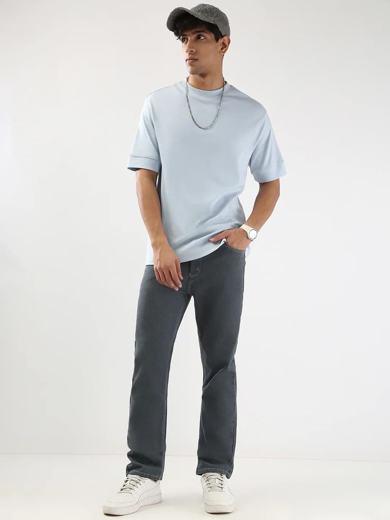 Men's Grey Straight Fit Washed Jeans Stretchable — photo 4