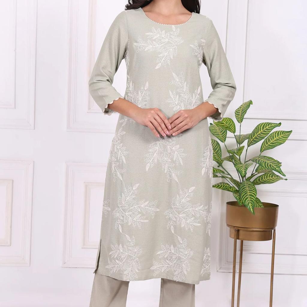 Green Floral Printed Embroidered Rayon Straight Kurta and Pants Set