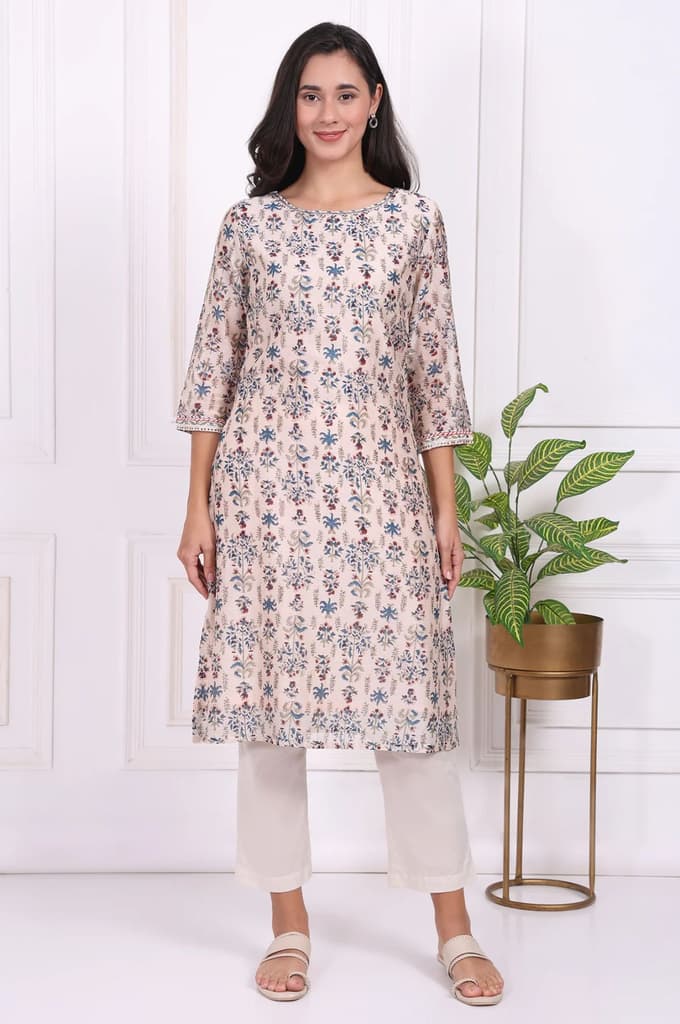 Beige Floral Printed Thread Embroidered Cotton Silk Straight Kurta — photo 2