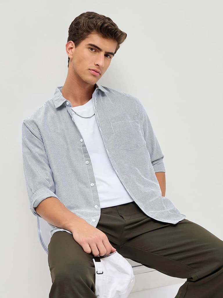 Men's Dark Blue Cotton Full Sleeve Regular Fit Casual Striped Shirt — photo 3