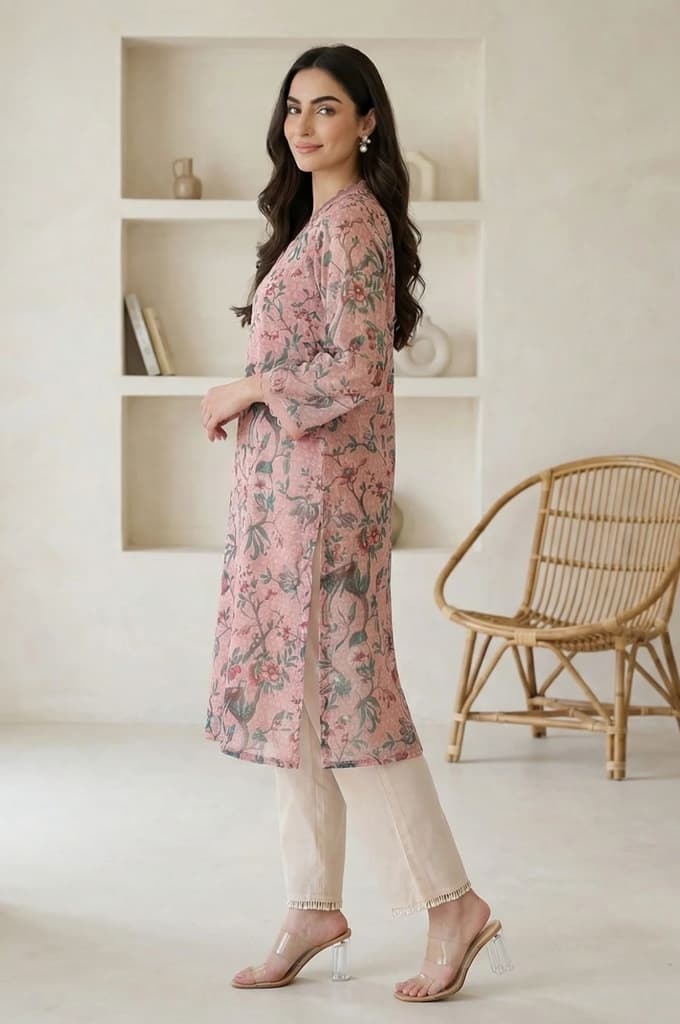 Pink Floral Printed Lace Chiffon Straight Kurta — photo 4