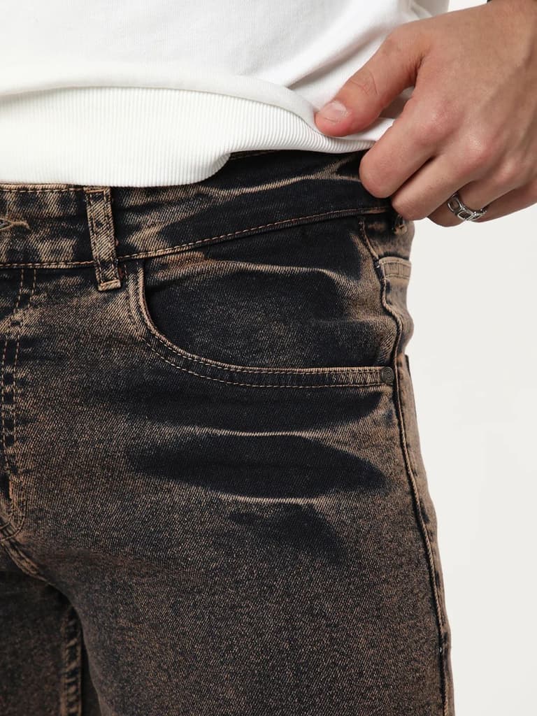 Men's Light Brown Regular Fit Acid Washed Denim Jeans Stretchable — photo 5