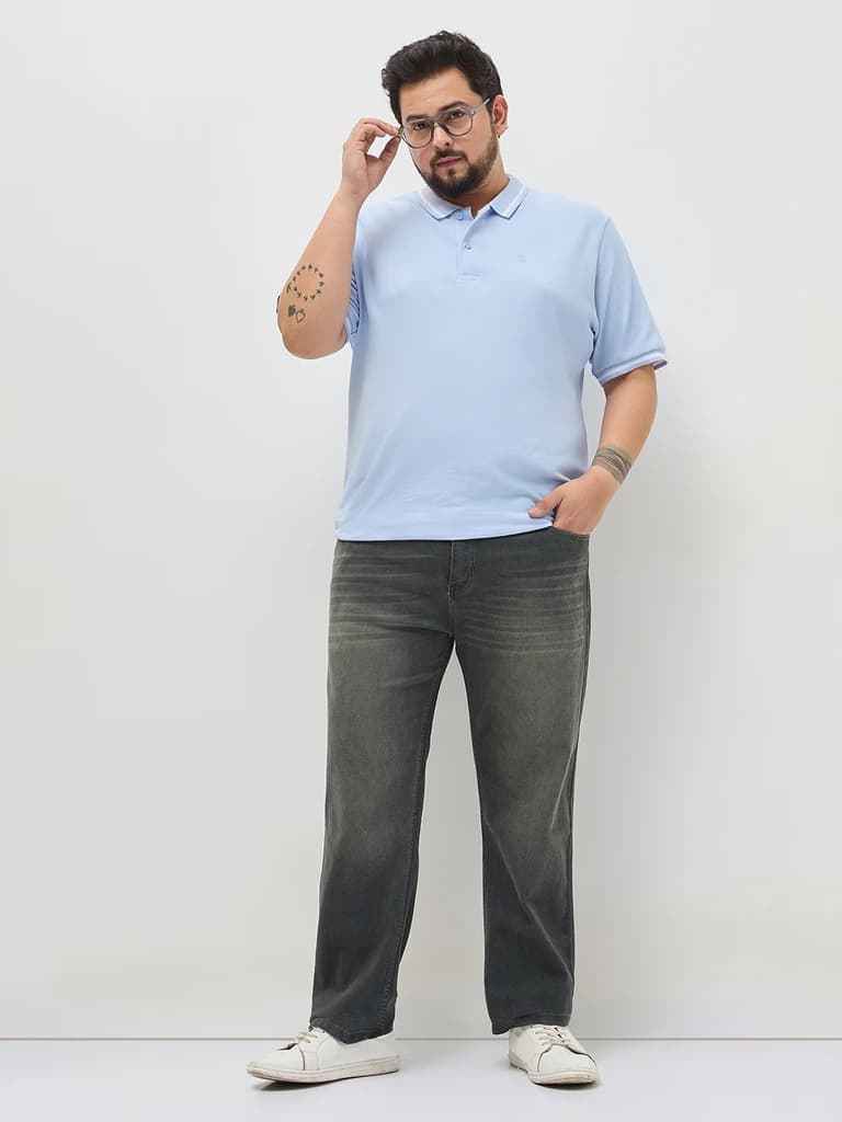 Plus Men's Dark Grey Regular Fit Whisker Washed Yellow Tint Denim Jeans Stretchable — photo 4