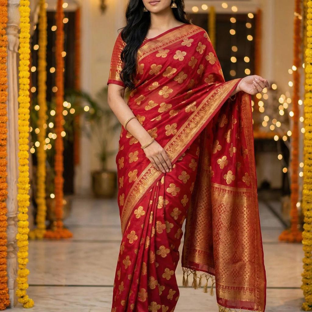 MIMOSA Women's Woven Design Mysore Silk Style Crepe Saree with Blouse Piece - Maroon ( SA00003122MRFREE )