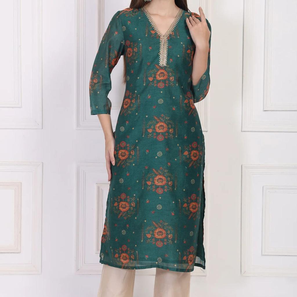 Teal Floral Printed Embellished Straight Silk Kurta