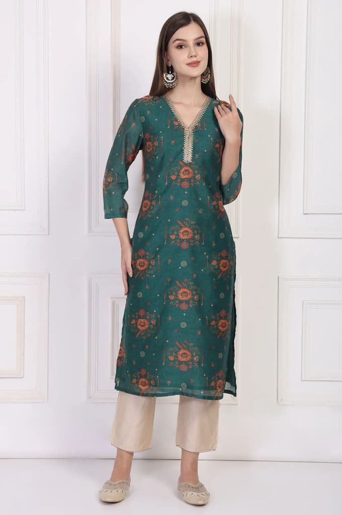 Teal Floral Printed Embellished Straight Silk Kurta — XS