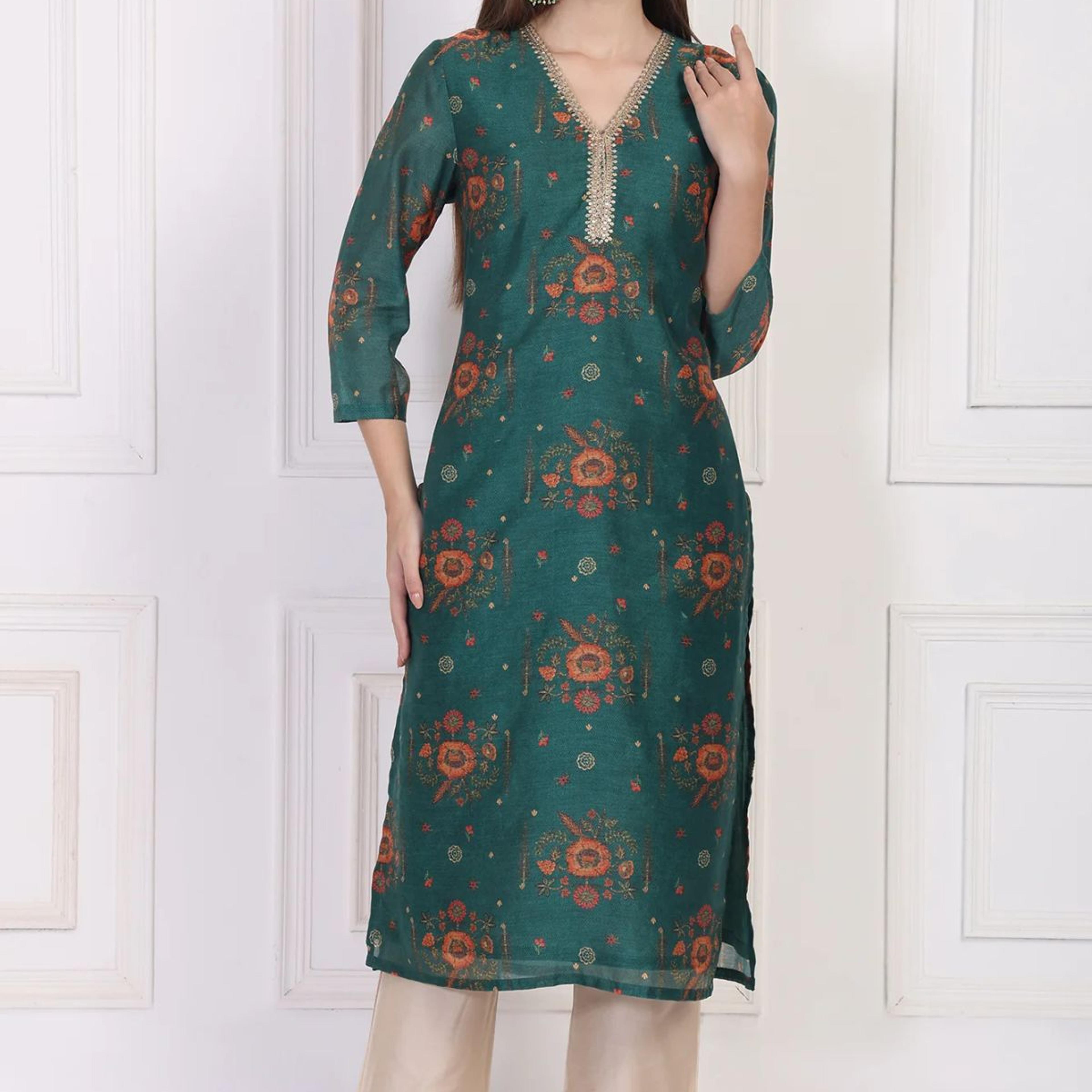 Teal Floral Printed Embellished Straight Silk Kurta