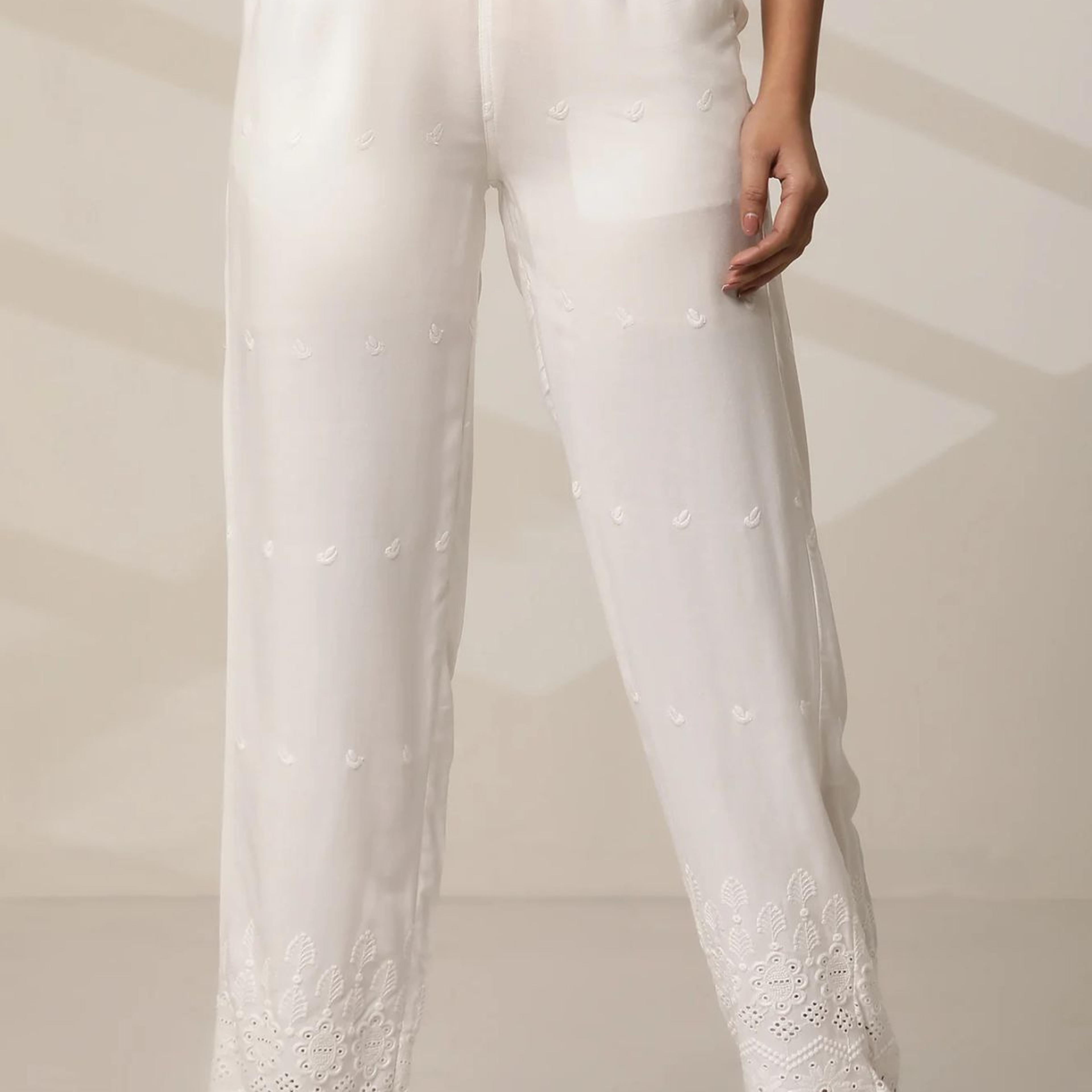 White Rayon Schiffli Narrow Palazzo
