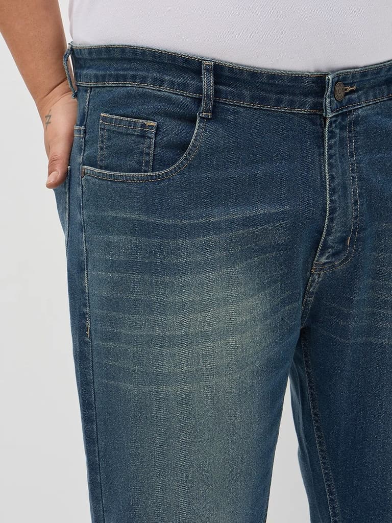 Plus Men's Light Blue Regular Fit Whisker Washed Yellow Tint Denim Jeans Stretchable — photo 5