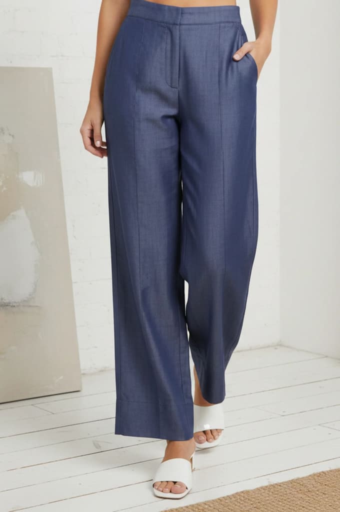 Blue Solid Tencel Relaxed Fit Ankle Length High Rise Pants — S