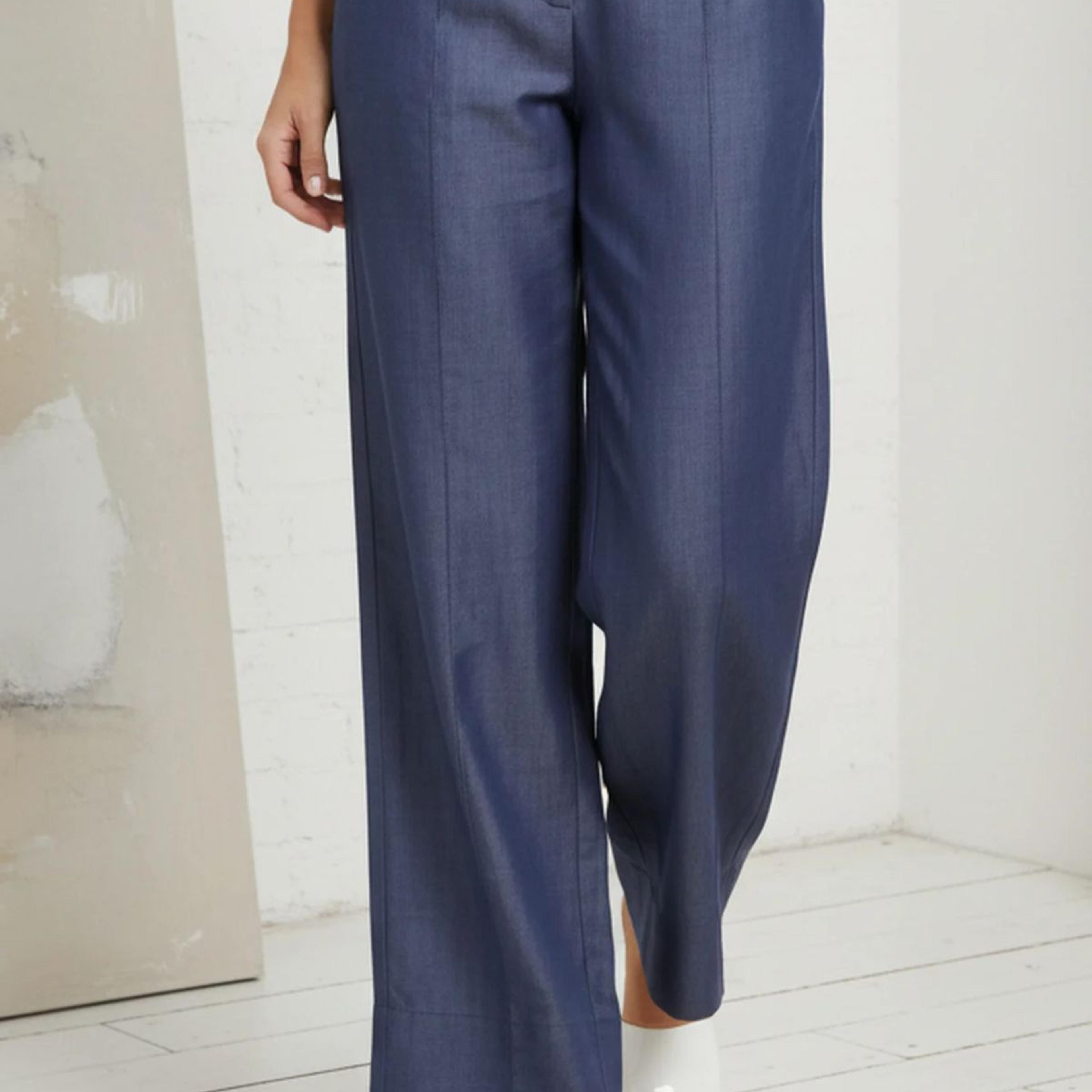 Blue Solid Tencel Relaxed Fit Ankle Length High Rise Pants
