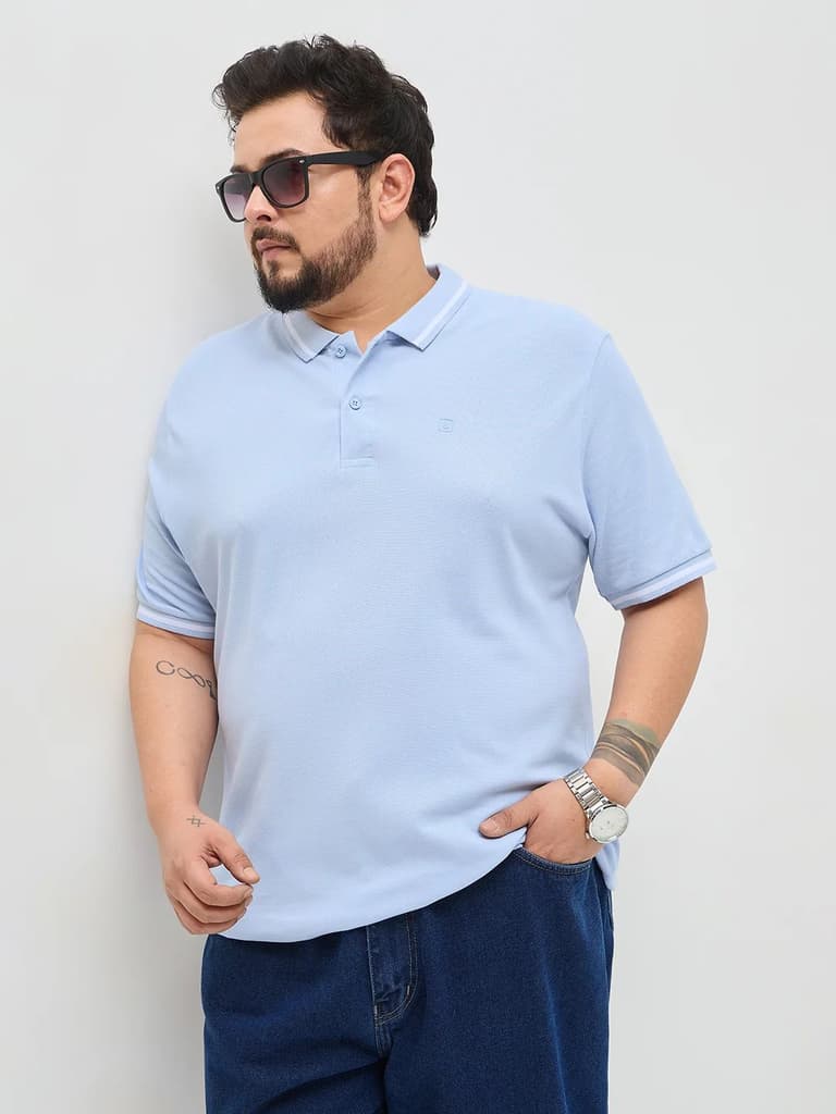 Plus Men's Light Sky Blue Solid Regular Fit Half Sleeve Cotton Polo T-Shirt — 2XL / Light Sky Blue