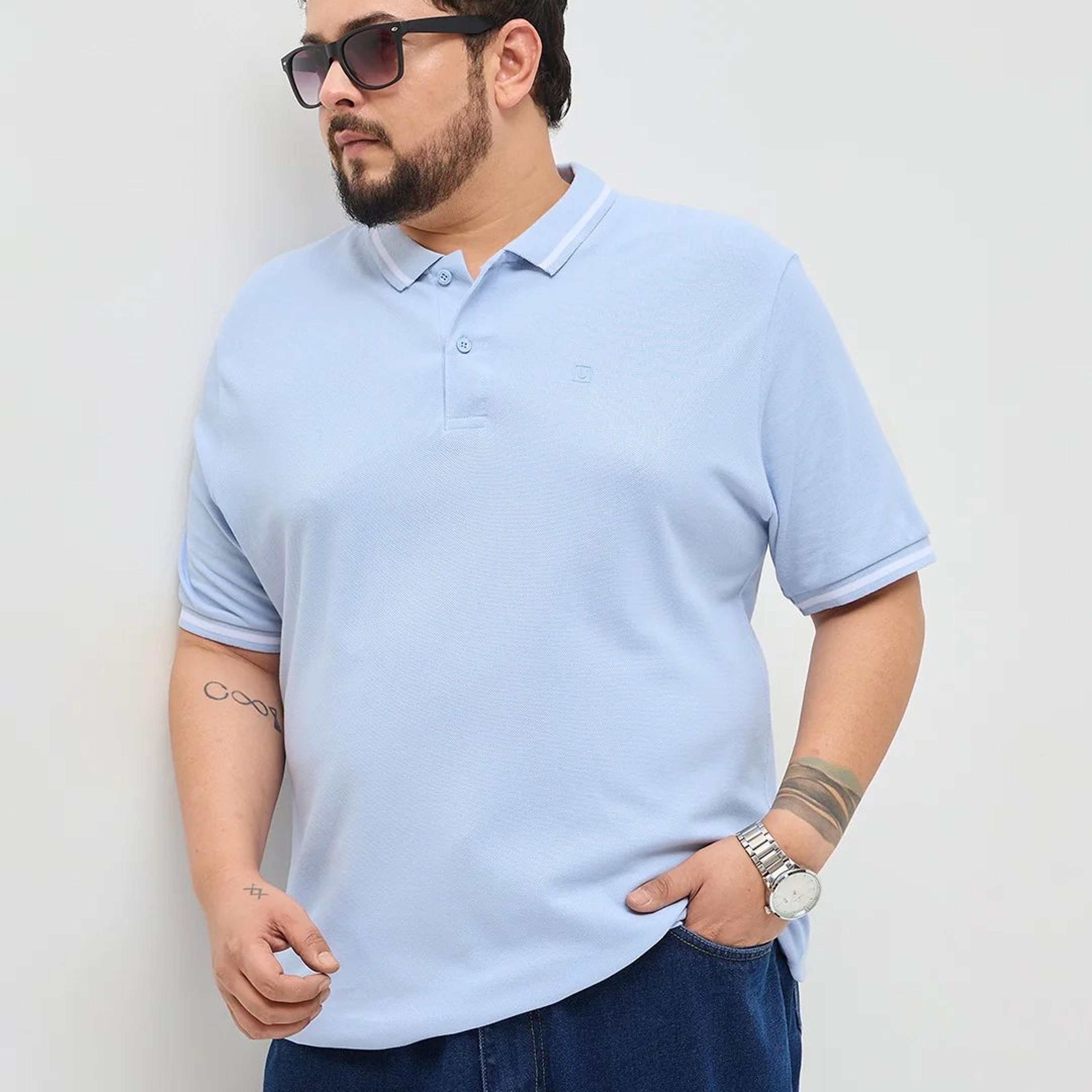 Plus Men's Light Sky Blue Solid Regular Fit Half Sleeve Cotton Polo T-Shirt