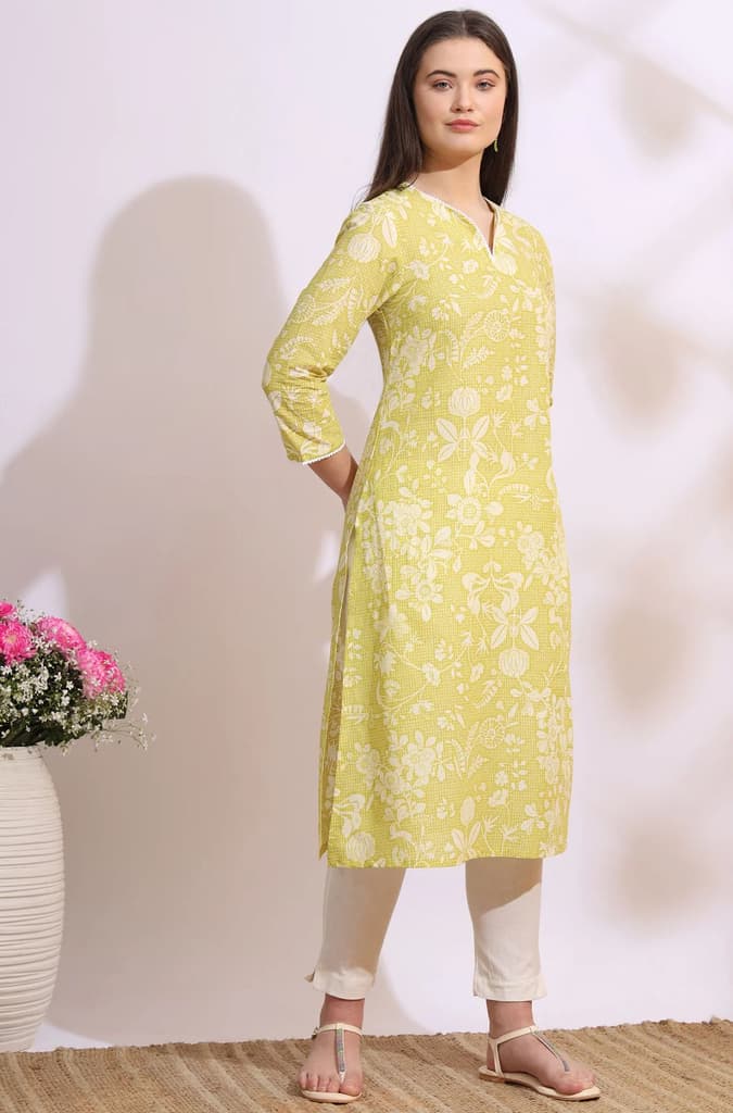 Lime Yellow Bold Floral Printed Cotton Cambric Straight Kurta — photo 7