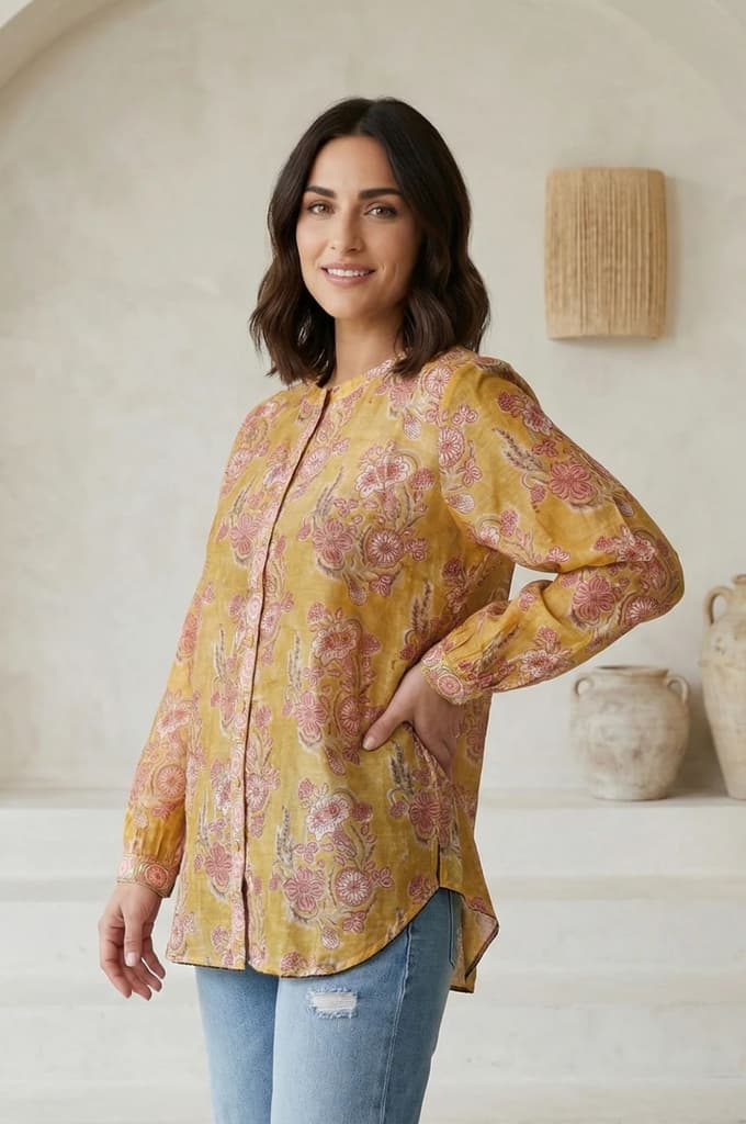 Yellow Floral Printed Cotton Blend Straight Top — photo 3