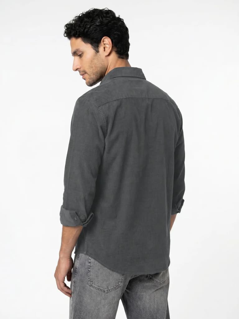 Men's Grey Corduroy Full Sleeve Regular Fit Solid Overshirt with Utility Pockets — photo 3