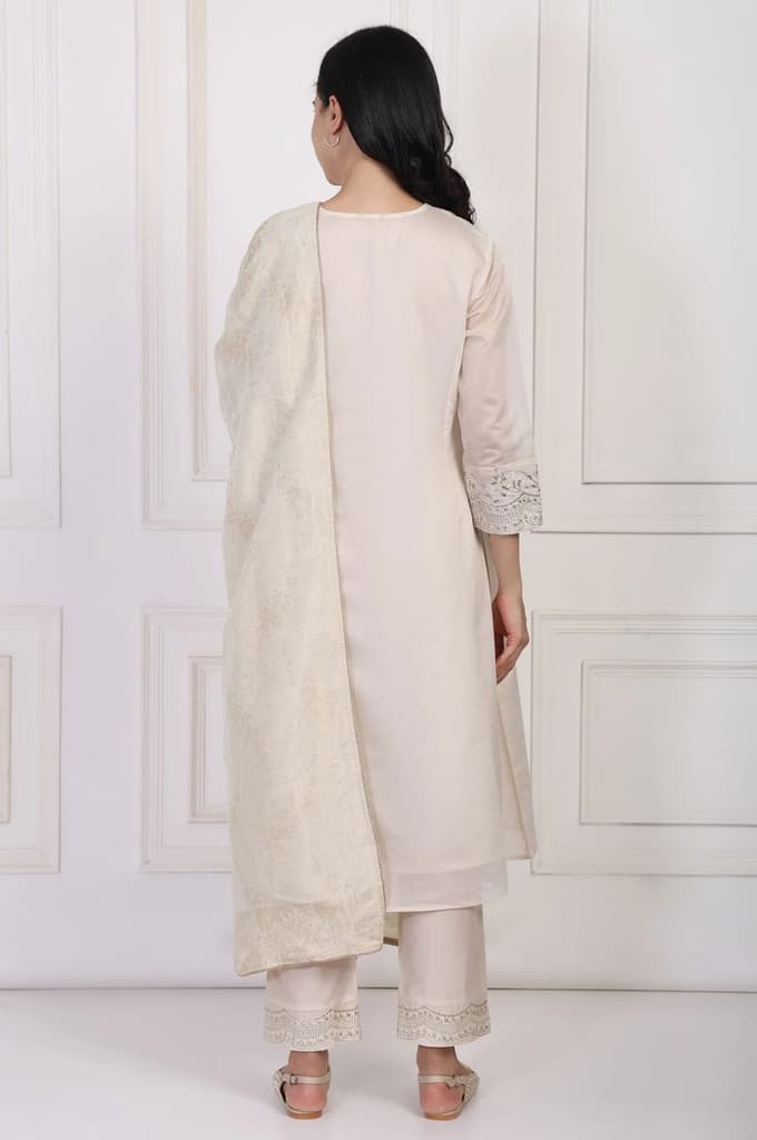 Off-White Embroidered A-Line Kurta with Straight Pant and Dupatta Set — photo 5
