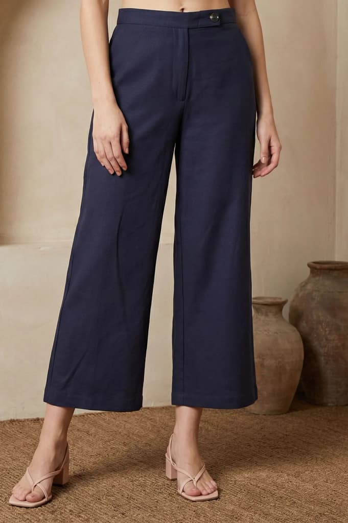 Navy Blue Solid Buttons Wide Leg Ankle Length High Rise Pants — S