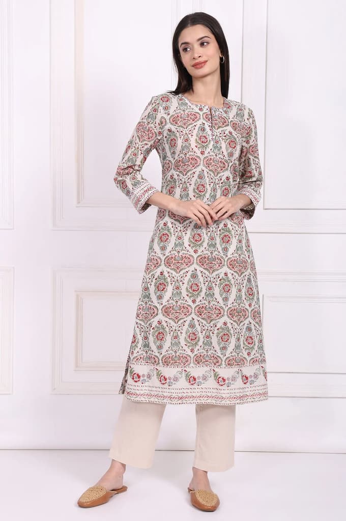 Off-White Floral Printed Pure Cotton Straight Kurta — photo 2