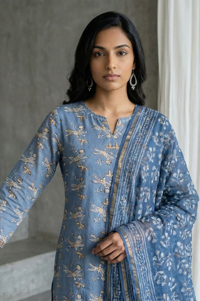 Indigo Blue Block Printed Cotton Silk Kota Dupatta with Zari Border — photo 6