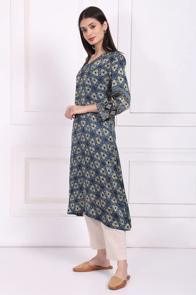 Blue Floral Printed Thread Embroidered Modal Satin Straight Kurta — photo 4