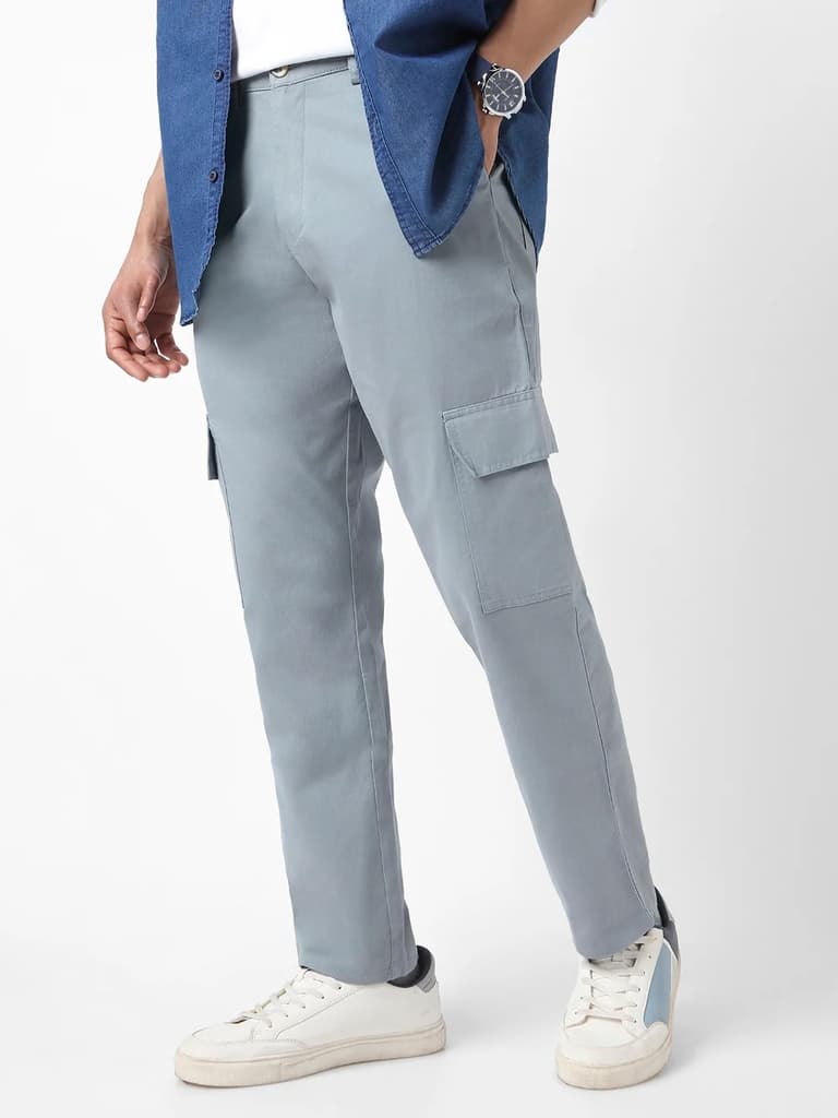 Men's Light Blue Regular Fit Solid Cargo Chino Pant with 6 Pockets Stretchable — 28 / Light Blue